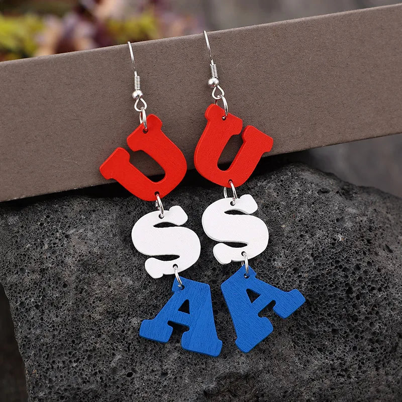 Stylish USA Wooden Letter Dangle Earrings - Lightweight Alloy & Wood Jewelry, 3.7 in Long