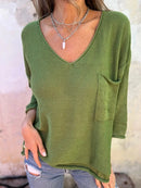 Full Size Casual V-Neck Knit Sweater Plus Size Matcha Green