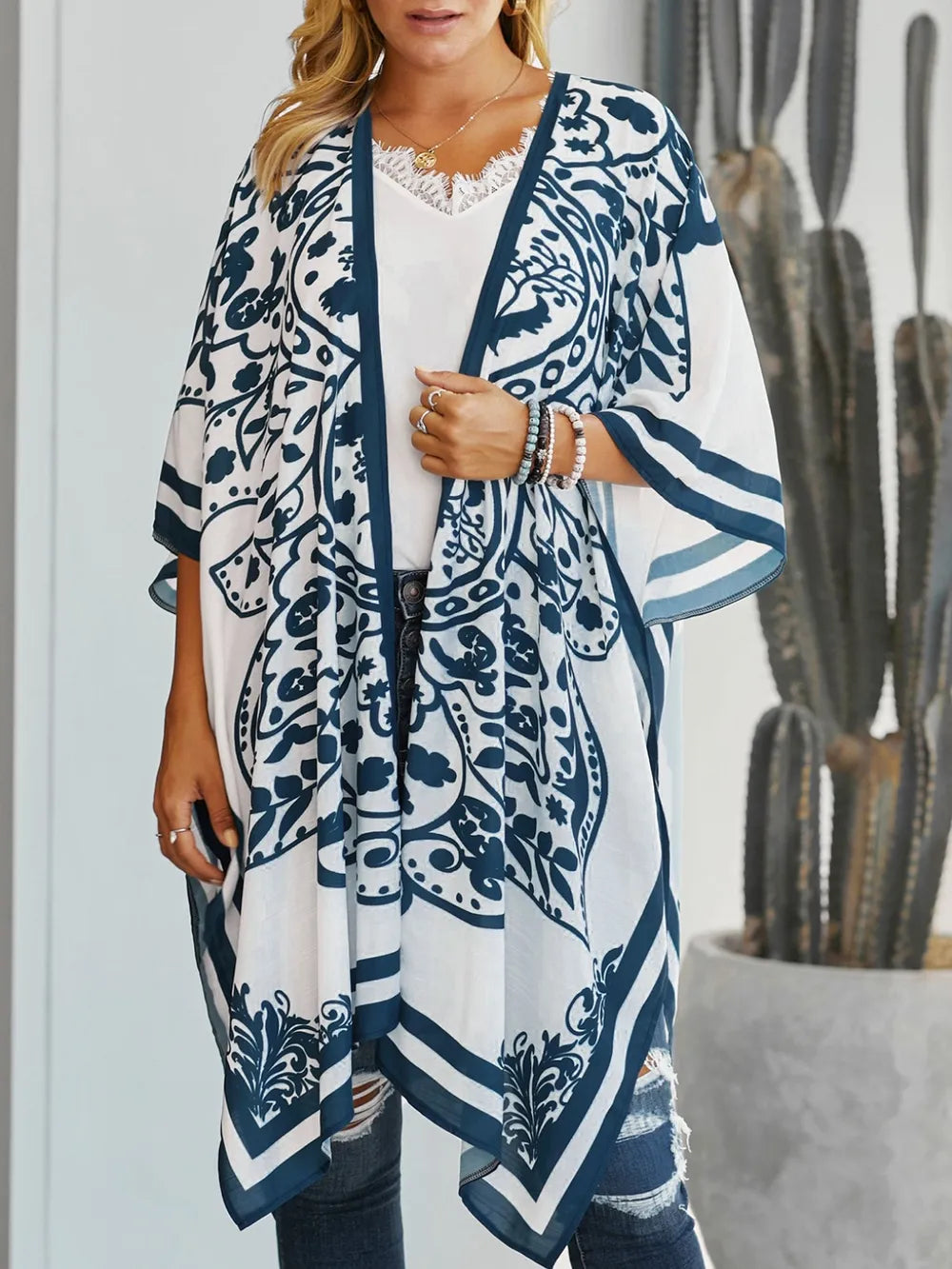 Trendy Printed Open Front Cover-Up in Opaque Design - Perfect for Layering and Stylish Comfort