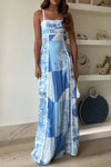 Cutout Back Printed Square Neck Maxi Dress Light Blue