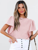 Stylish Round Neck Ruffle Sleeve Top - Slightly Stretchy, 65% Viscose & 35% Polyester, Machine Washable - Store 42