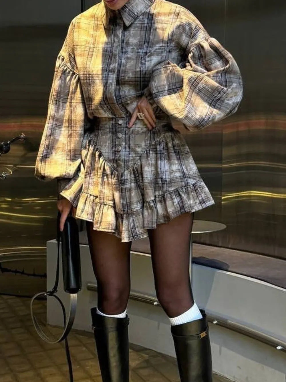 Lantern Sleeve Shirt and Ruffled Skirt Set