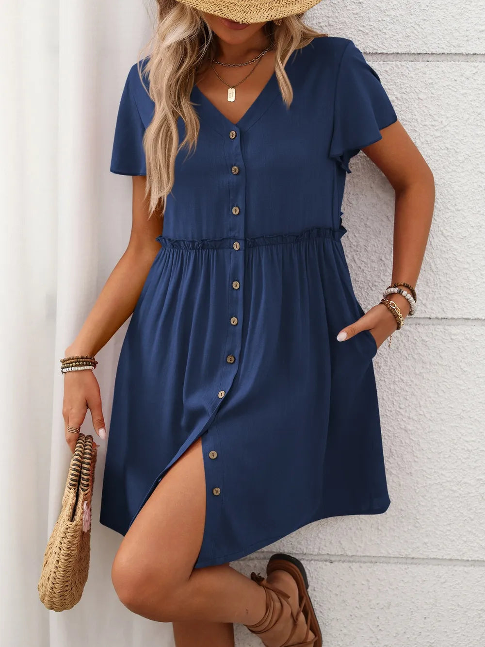 Button Front Flutter Sleeve Dress