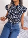 Floral Printed Tie Neck Blouse with Flutter Cap Sleeves - Casual Opaque Top - Store 42