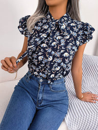 Floral Printed Tie Neck Blouse with Flutter Cap Sleeves - Casual Opaque Top - Store 42