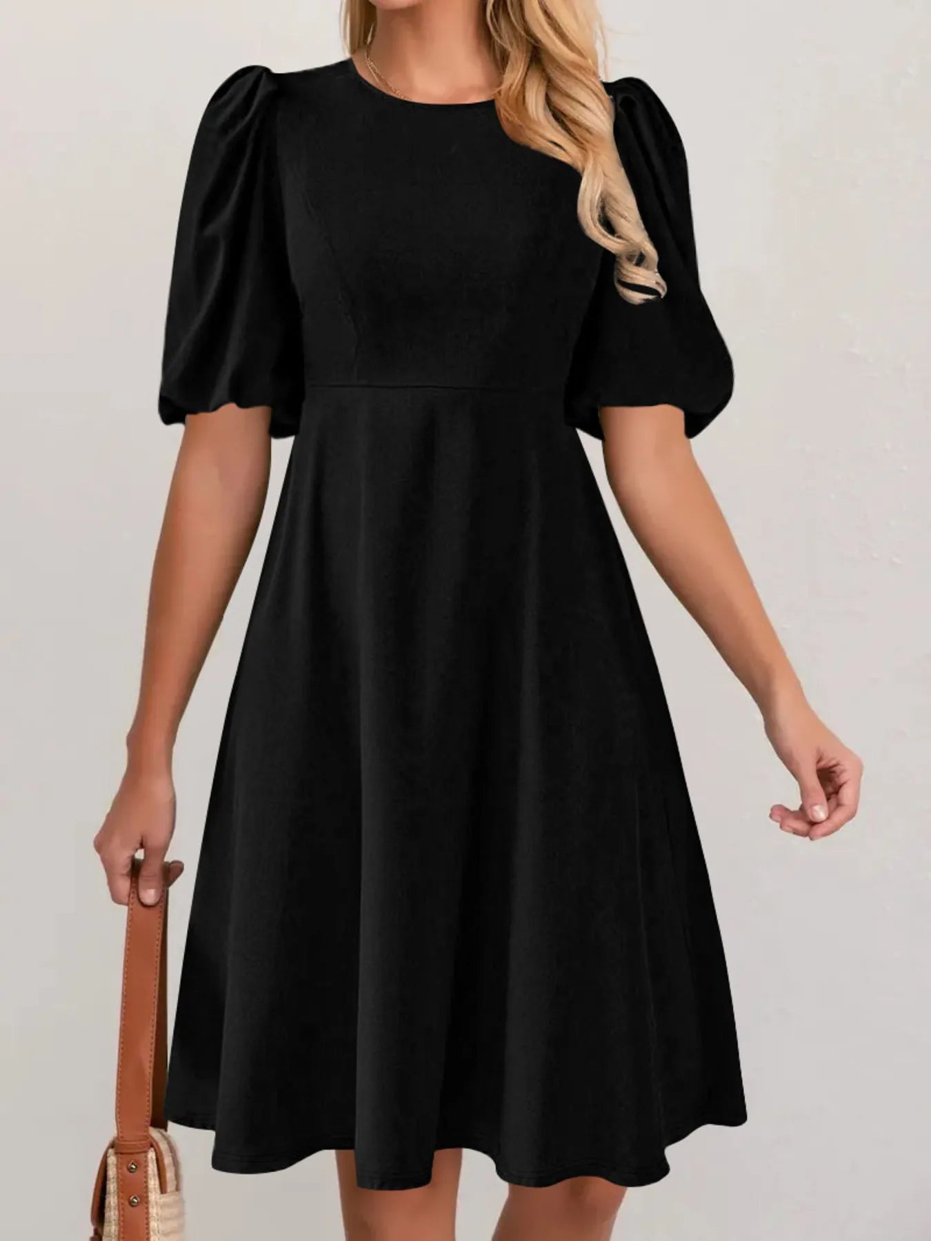 Round Neck Puff Sleeve A-Line Dress