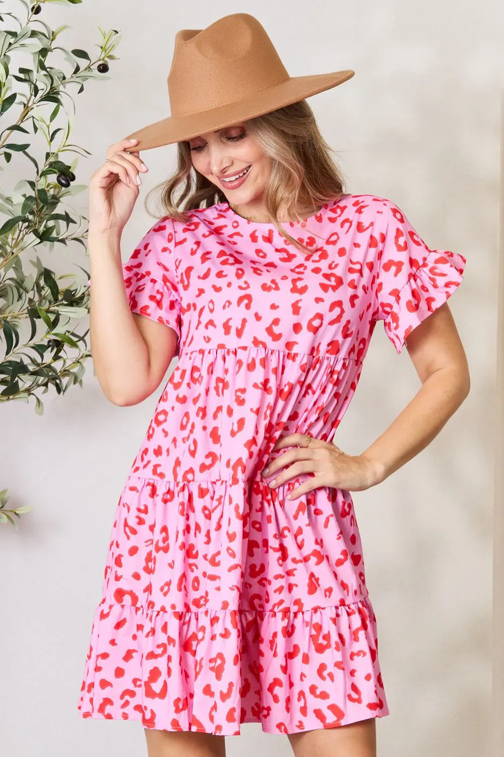 Boho-Chic Double Take Tiered Dress with Short Flounce Sleeves and Round Neck