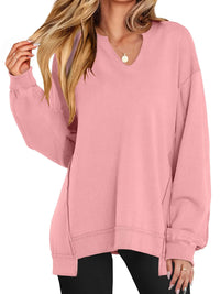 Notched Long Sleeve Oversized Sweatshirt Pink