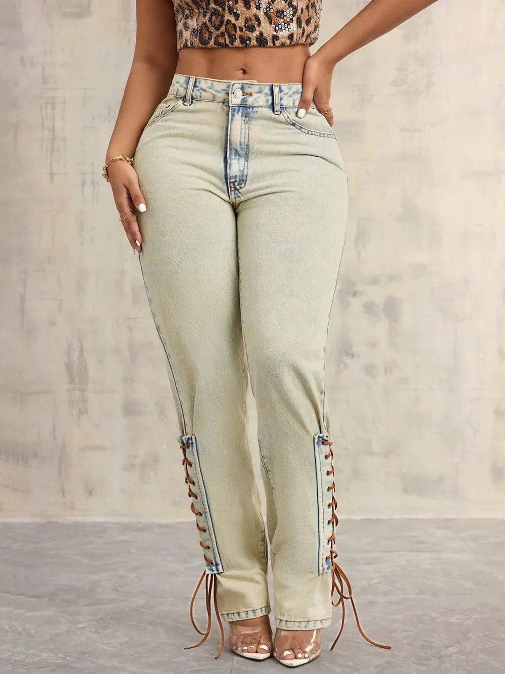Lace-Up High Rise Jeans For Women - Buttoned, Pocketed, 85% Cotton, No Stretch