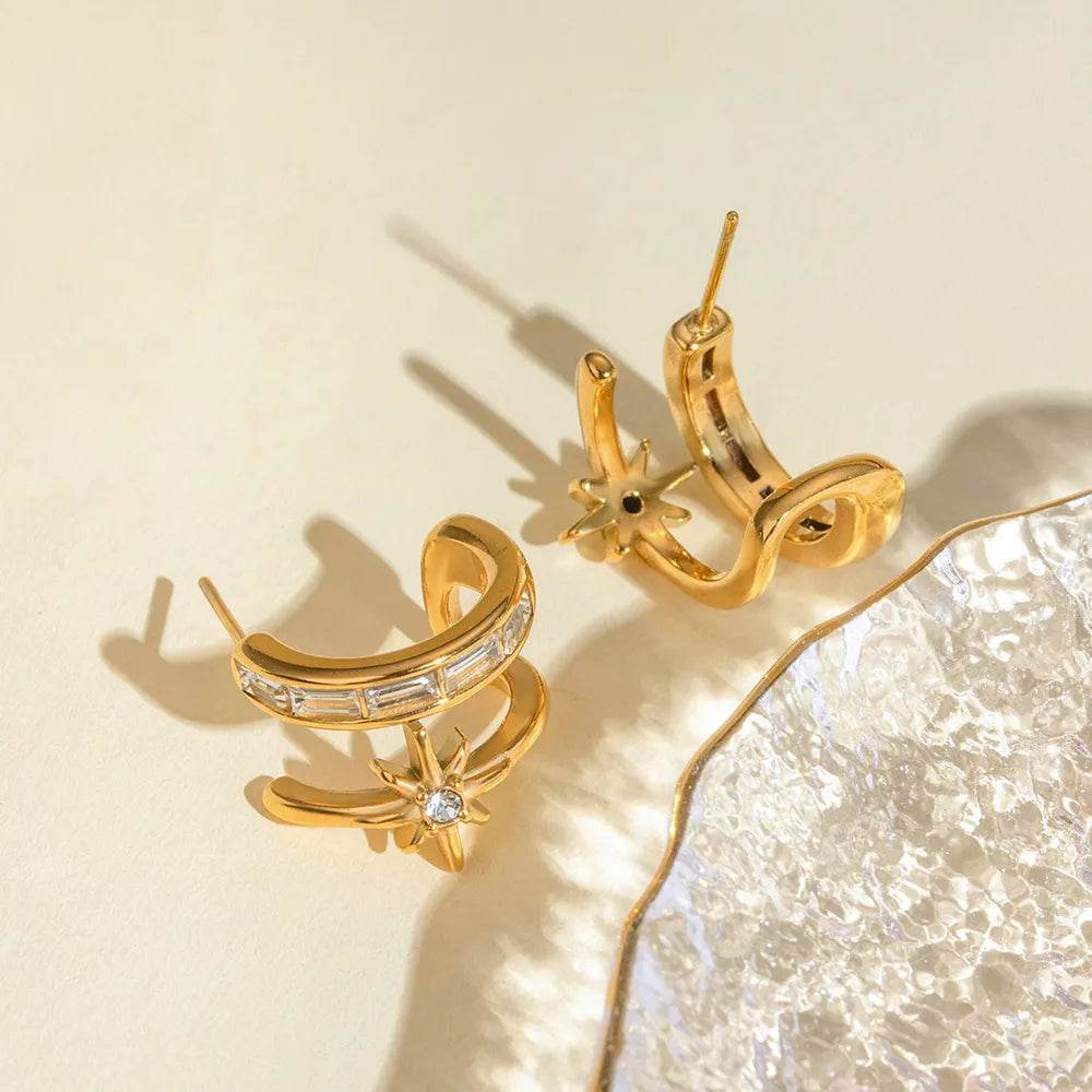 18K Gold-Plated Stainless Steel Double-Layered Zircon Earrings - Sophisticated Elegance