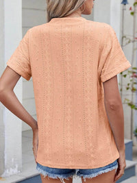 Trendy Eyelet Notched Short Sleeve Top in 65% Rayon - Stylish & Versatile Women's Wear - Store 42