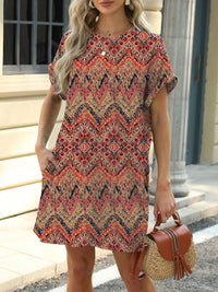 Printed Round Neck Short Sleeve Mini Dress Terracotta