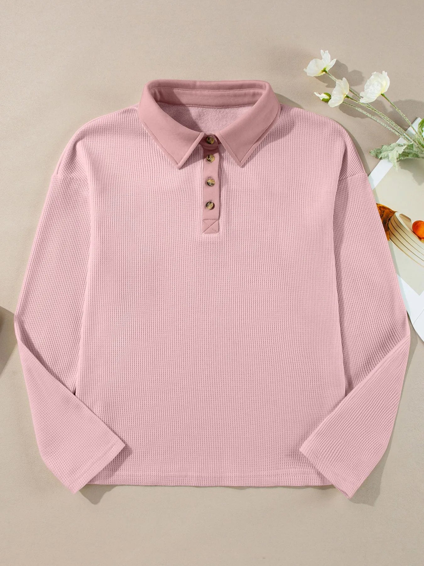 Long Sleeve Thermal Knit Polo Top