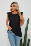 Trendy Smocked Round Neck Eyelet Top with Cap Flutter Sleeves - Casual Long Length Blouse - Store 42