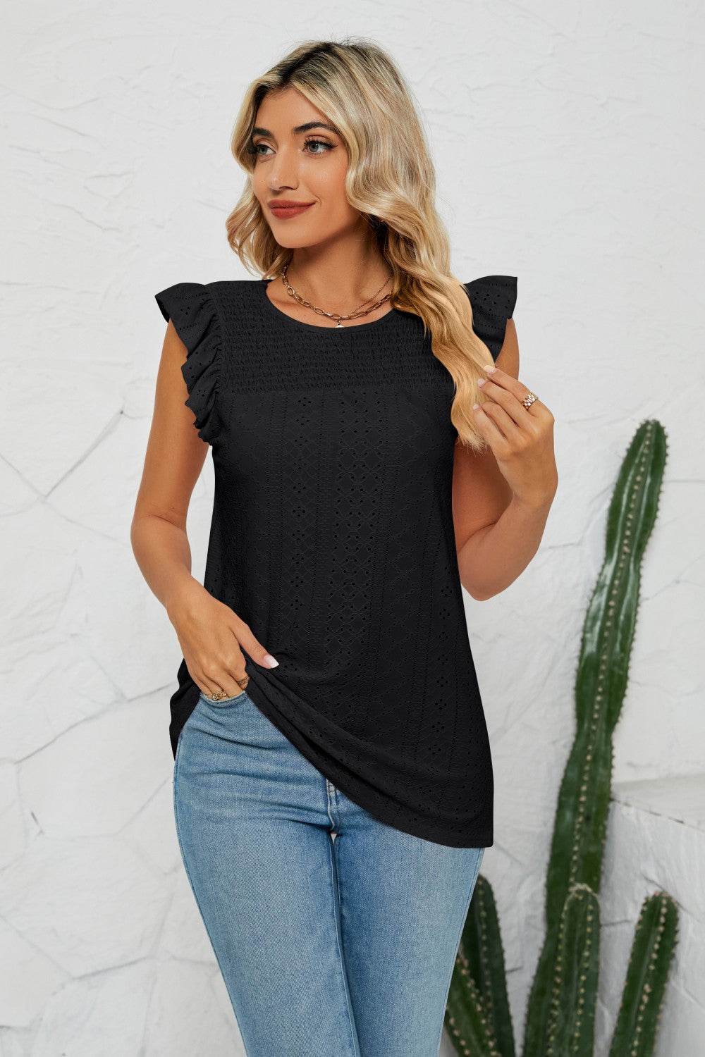 Trendy Smocked Round Neck Eyelet Top with Cap Flutter Sleeves - Casual Long Length Blouse - Store 42