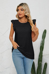 Trendy Smocked Round Neck Eyelet Top with Cap Flutter Sleeves - Casual Long Length Blouse - Store 42