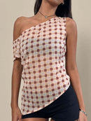 One-Shoulder Plaid Tank Top Orange