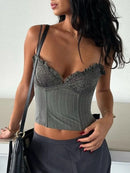 Devine Striped Frill Sweetheart Neck Cami Dark Gray