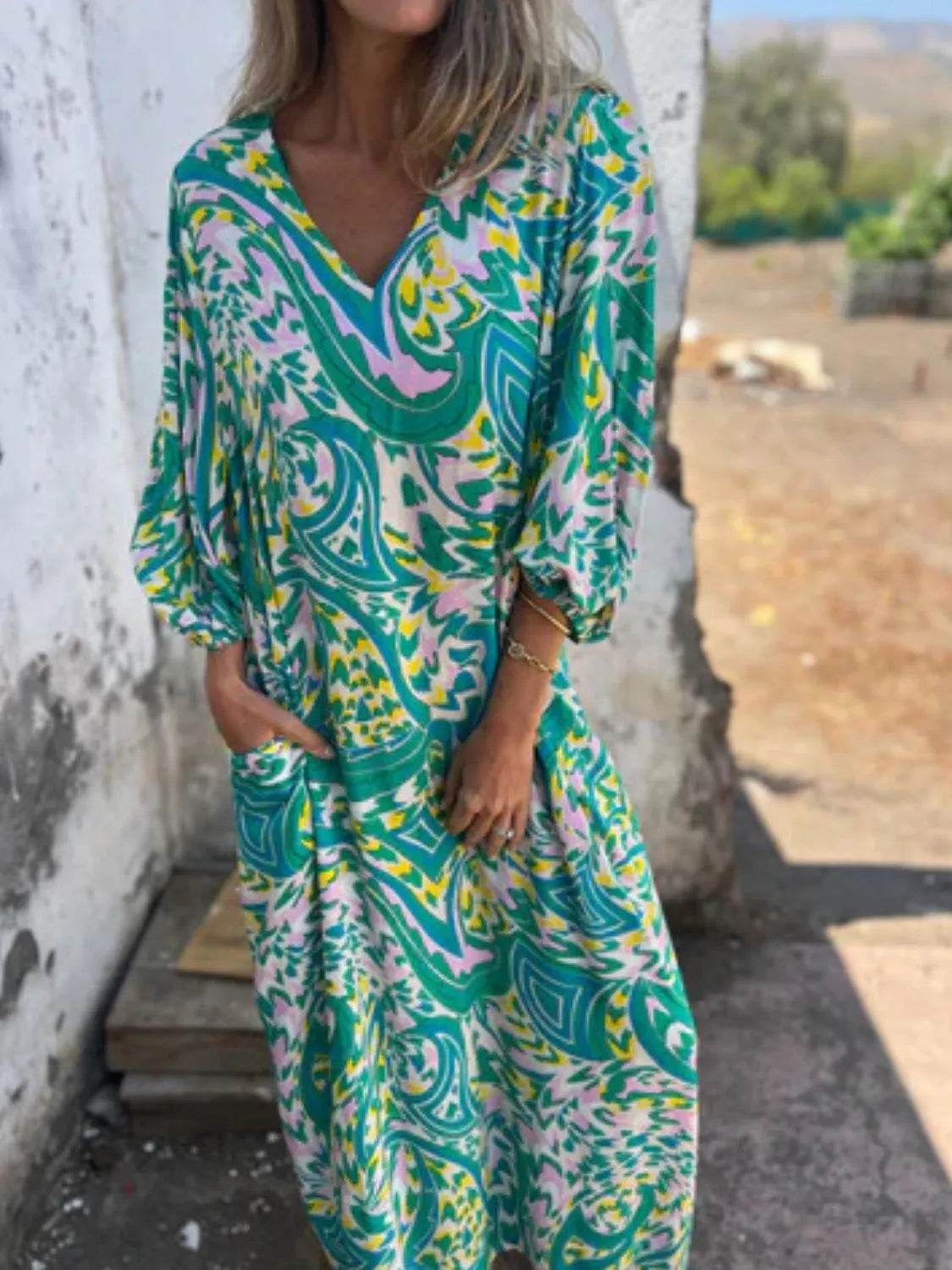 Full Size Printed V-Neck Dress with Pockets Plus Size - Store 42