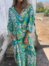 Full Size Printed V-Neck Dress with Pockets Plus Size - Store 42