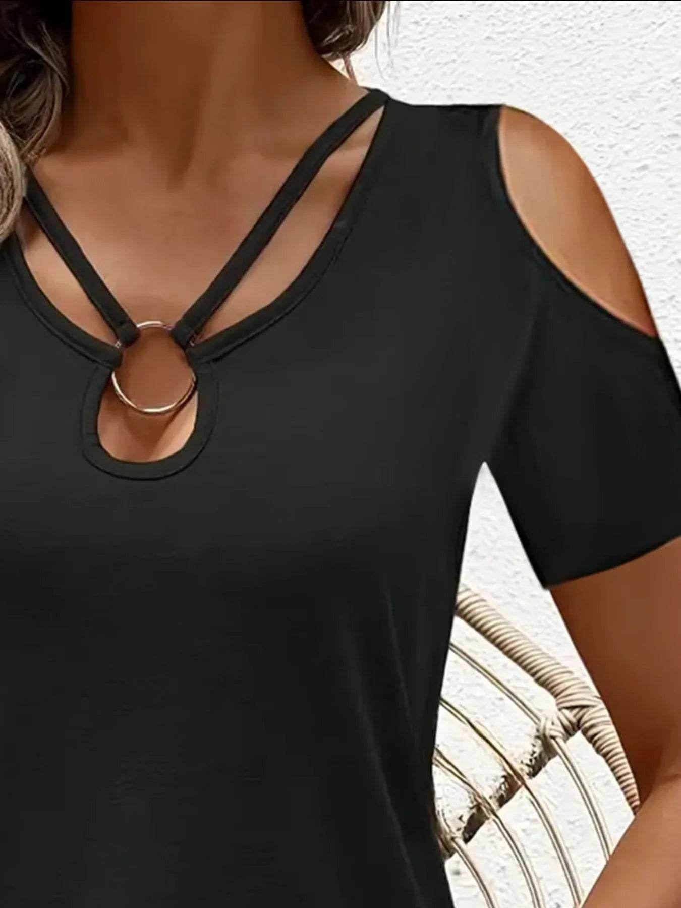 Sleek Cold Shoulder T-Shirt With Eye-Catching Metal Ring Detail - 95% Polyester, Slightly Stretchy - Store 42