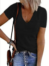 Trendy Solid V-Neck Short Sleeve T-Shirt - Slightly Stretchy, 95% Polyester, 5% Spandex - Store 42