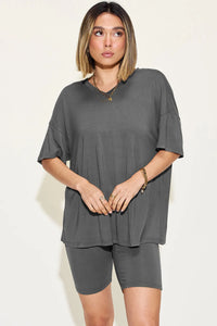 Basic Bae Full Size V-Neck Drop Shoulder T-Shirt and Shorts Set Dark Gray