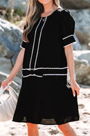 Contrast Scallop Trim Bow Detail Short Sleeve Shift Dress