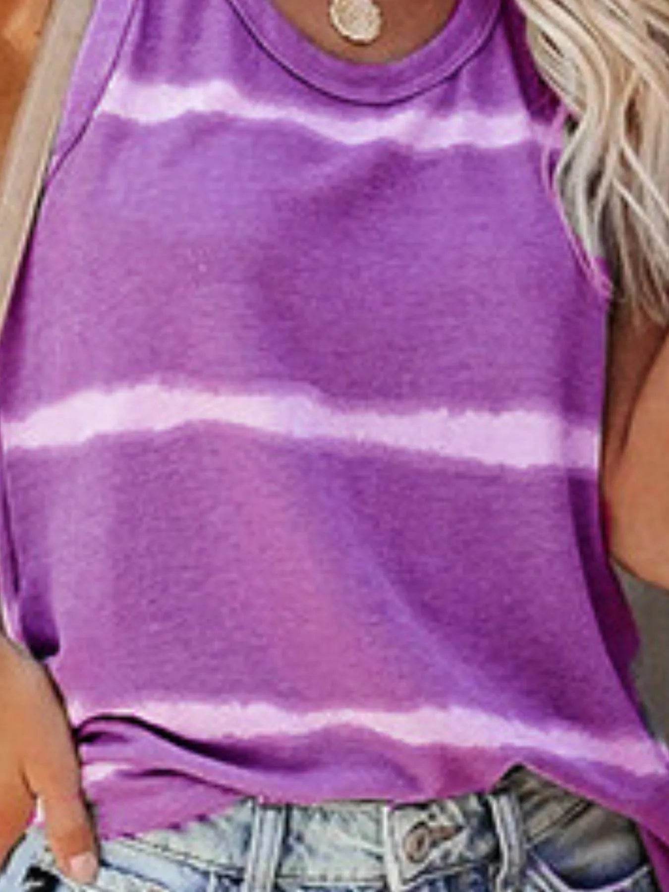 Trendy Full-Size Plus Size Striped Round Neck Tank Top - Slightly Stretchy Polyester Blend - Store 42