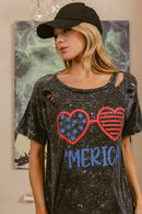 BiBi 4th Of July Theme Mineral Washed Laser Cut Top - Store 42