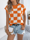 Checkered Round Neck Cap Sleeve Knit Top Orange