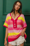 BiBi Multi Color Stripe Hacci Button Detail Ringer Top - Store 42