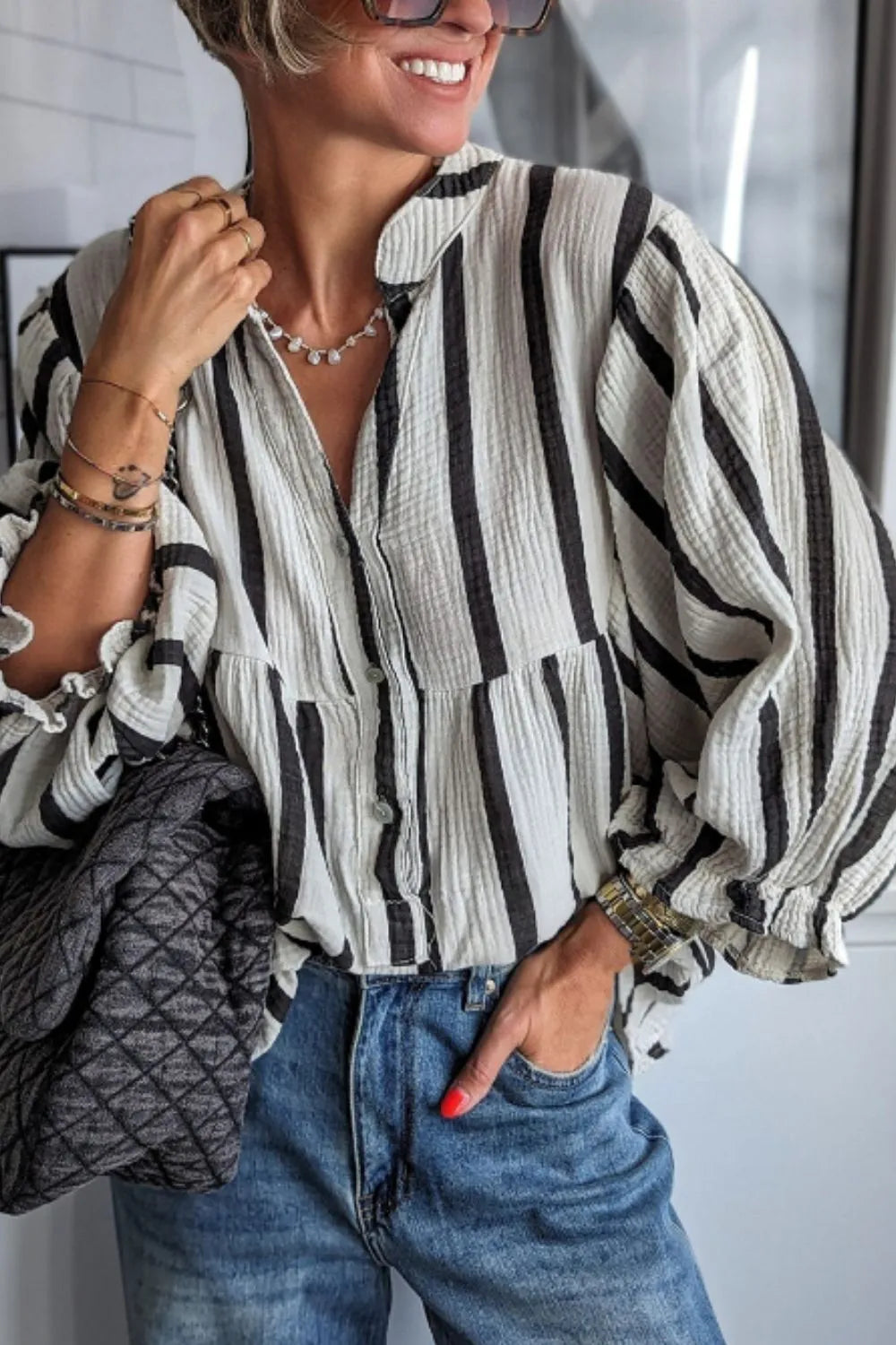 Stylish Striped Three-Quarter Sleeve Blouse in Opaque Cotton - Trendy & Slightly Stretchy
