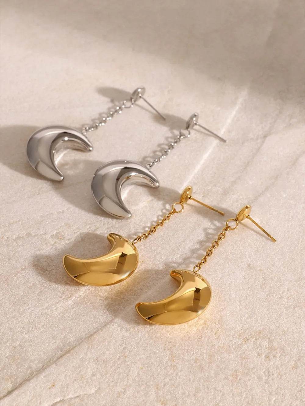 Elegant 18K Gold-Plated Stainless Steel Moon Dangle Earrings - Perfect for Any Occasion