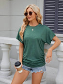 Slightly Stretchy Ruched Round Neck Short Sleeve T-Shirt for Women - Casual Basic Tops - Store 42