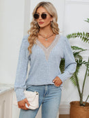 Lace Detail V-Neck Blouse with Ribbed Texture - Opaque, Slightly Stretchy Fabric - Store 42