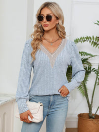 Lace Detail V-Neck Blouse with Ribbed Texture - Opaque, Slightly Stretchy Fabric - Store 42