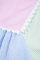 Striped Patchwork Ric Rac Puff Sleeve Collared Mini Dress