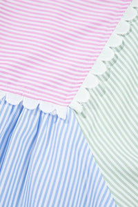 Striped Patchwork Ric Rac Puff Sleeve Collared Mini Dress