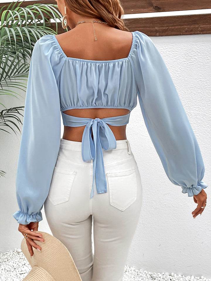 Trendy Honey Cropped Blouse with Long Raglan Sleeves and Square Neck Design