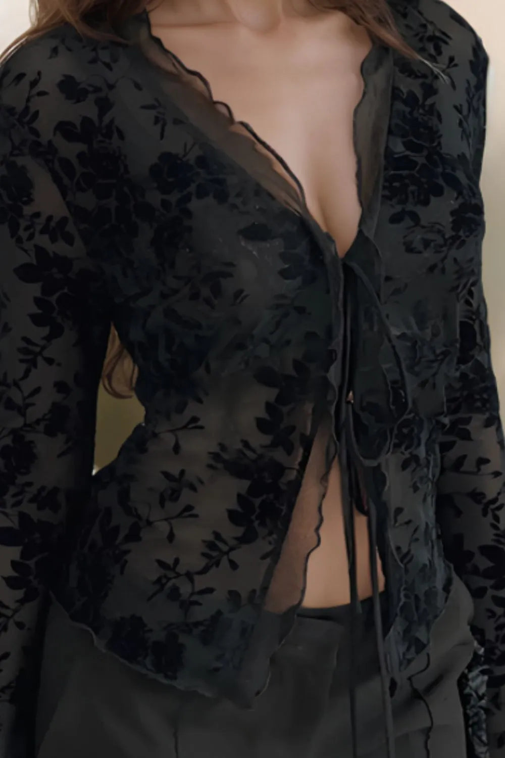Trendsi Double Tied Long Sleeve Semi-Sheer Blouse - Lace Detail & Slightly Stretchy Chiffon