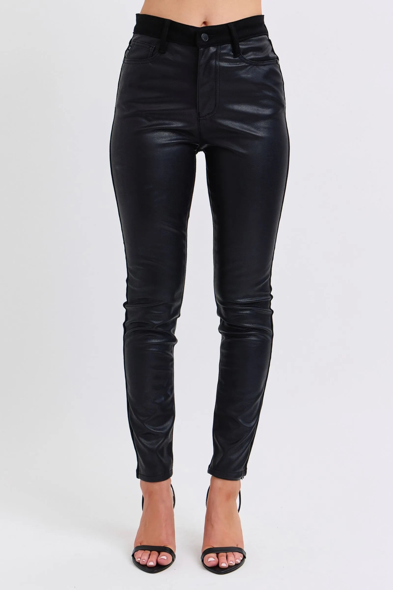 Judy Blue Plus Size High-Waisted Black Faux Leather Skinny Pants with Stretch Comfort