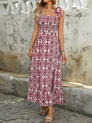 Smocked Slit Printed Tie Shoulder Dress