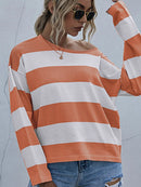 Striped Casual Long Sleeve Knit Top Orange Red