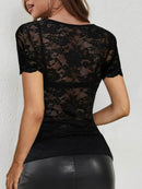 Lace V-Neck Top with Short Sleeves - Sheer Stretchy Polyester Blend for Effortless Style - Store 42