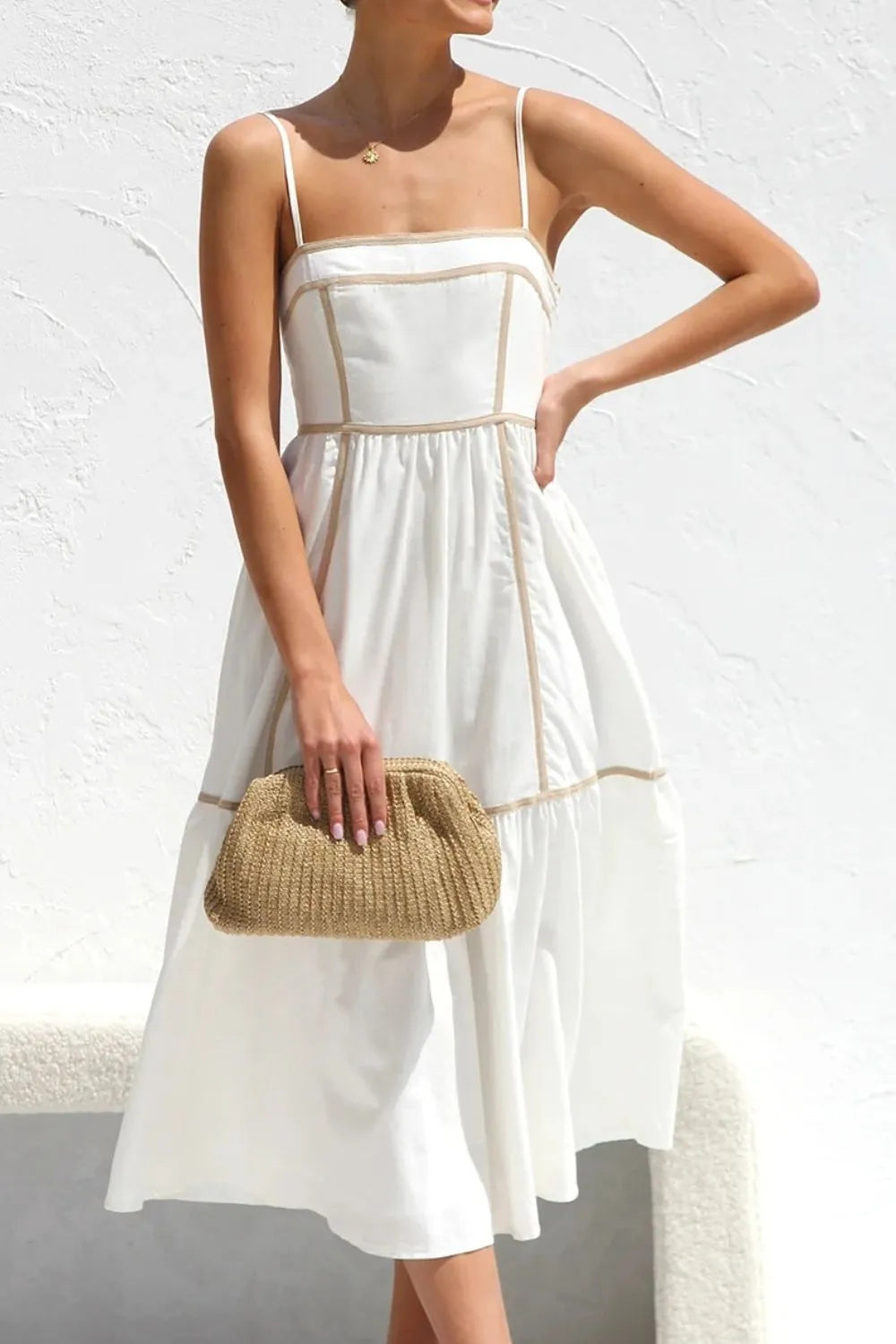 Ruched Contrast Trim Square Neck Midi Cami Dress - Opaque Polyester, No Stretch, Trendy Style