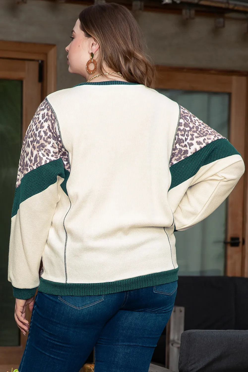 Plus Size Leopard Print Waffle-Knit Long Sleeve Top for Comfort and Style