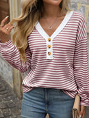 Striped V-Neck Button Front Casual Top