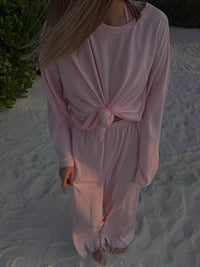 Slightly Stretchy Knotted Long Sleeve T-Shirt in Sheer 100% Polyester - Trendy Basic Style - Store 42