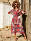 Printed Half Sleeve Midi Dress Orange-Red